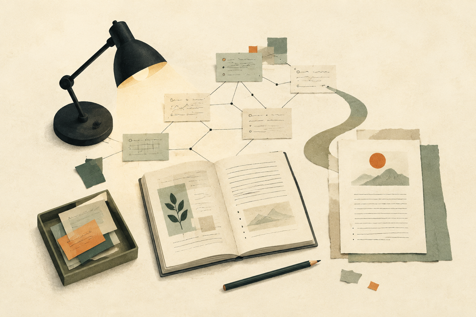 Paper cards and a desk lamp in a restrained editorial illustration