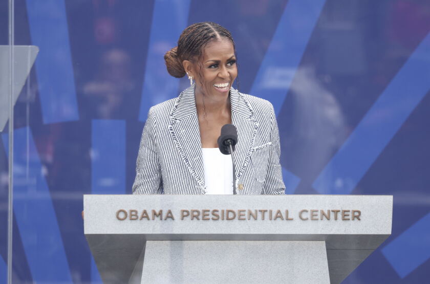 Former first lady Michelle Obama speaking at the Obama Presidential Center.