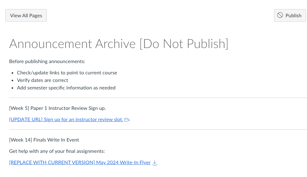 A screenshot of a sample announcement archive page.
