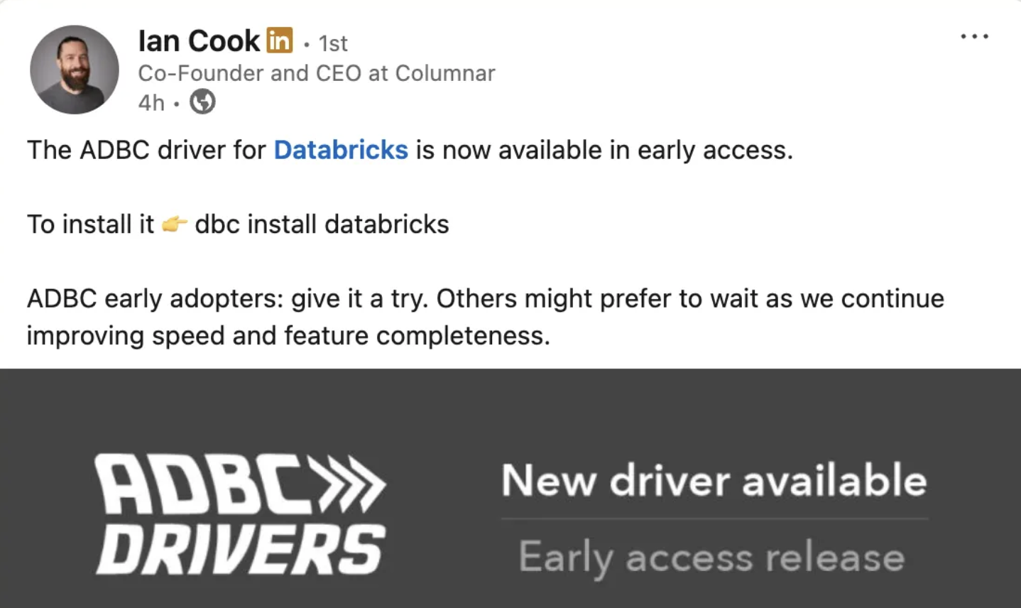 ADBC Arrow Driver for Databricks - by Daniel Beach