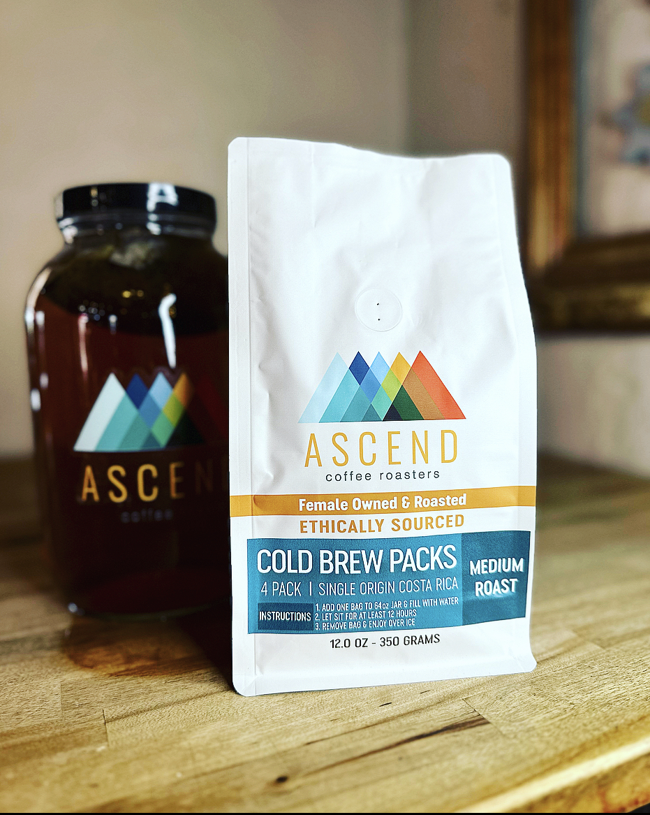 A white coffee bag labeled "Cold Brew Packs" sits on a wood countertop. A brown jar with a black lid is in the background.