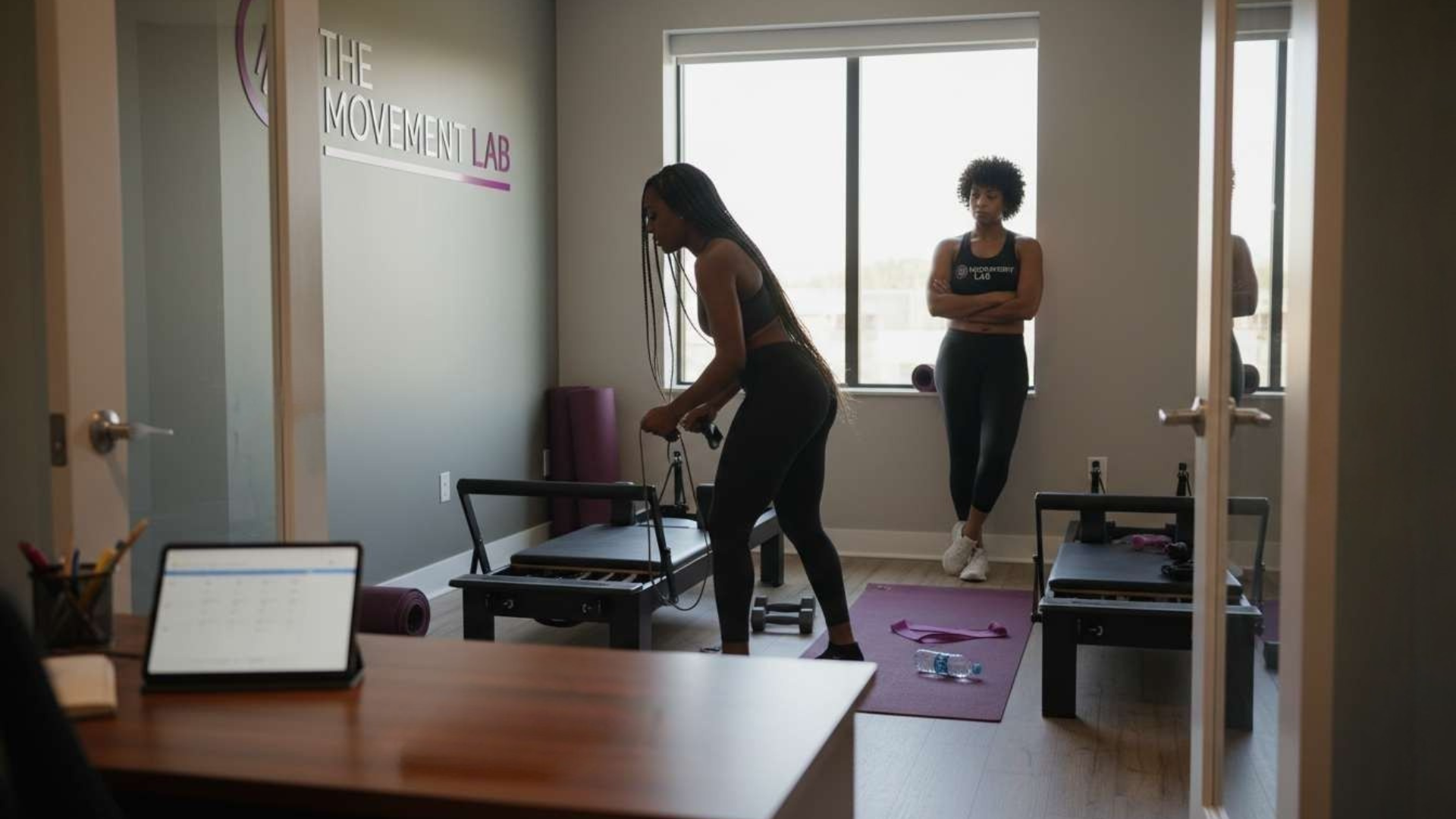 Two Black women fitness instructors in a boutique movement studio during a tense moment between classes.