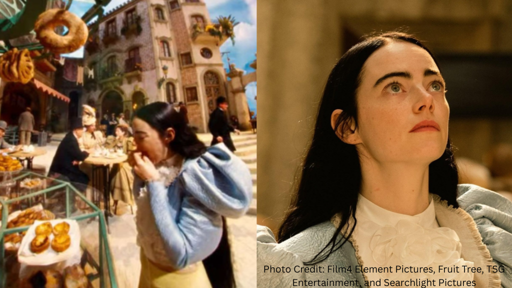 Film still of Emma Stone alongside a scene with Portuguese custard tarts