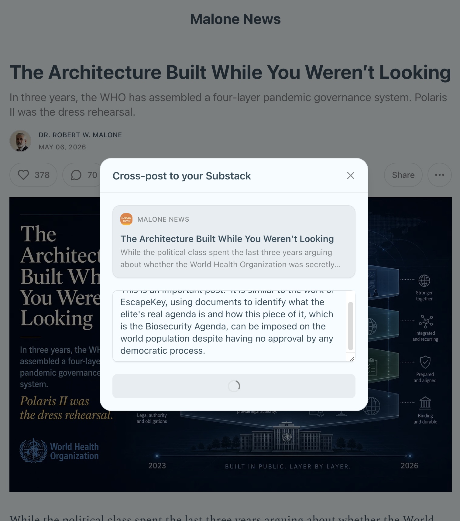 Substack does not let me cross post important (Robert Malone) article ...