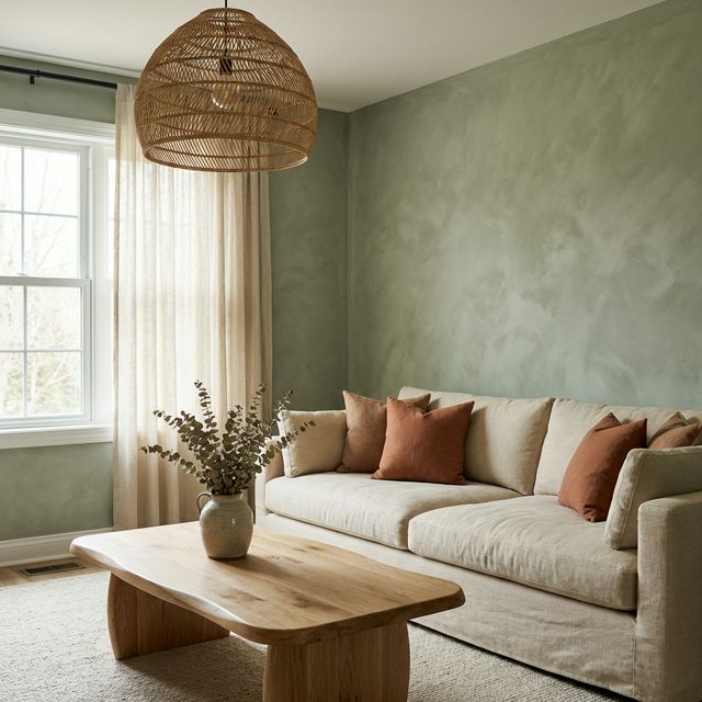 Modern cottage living room with sage green limewash walls