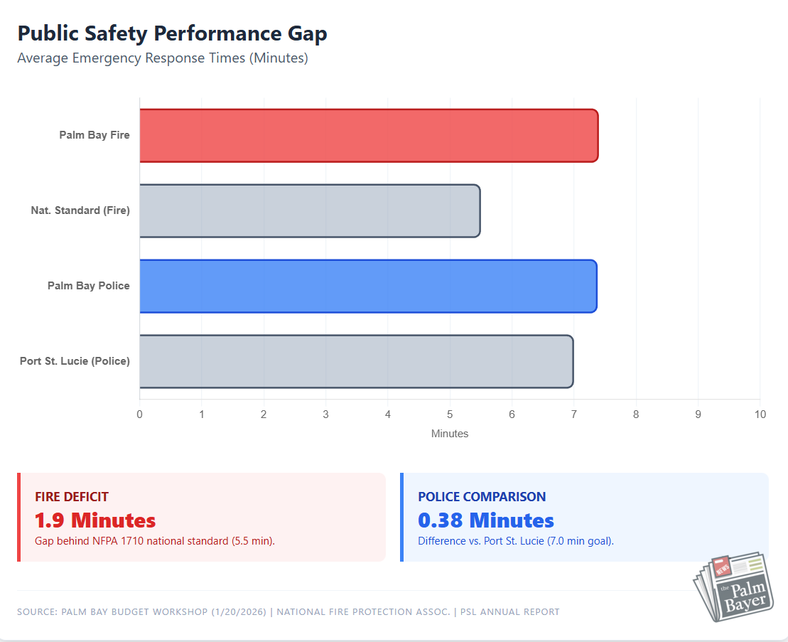 Bar chart comparing Palm Bay emergency response times to national standards, showing fire response at 7.4 minutes versus 5.5-minute standard, and police response at 7.38 minutes compared to Port St. Lucie