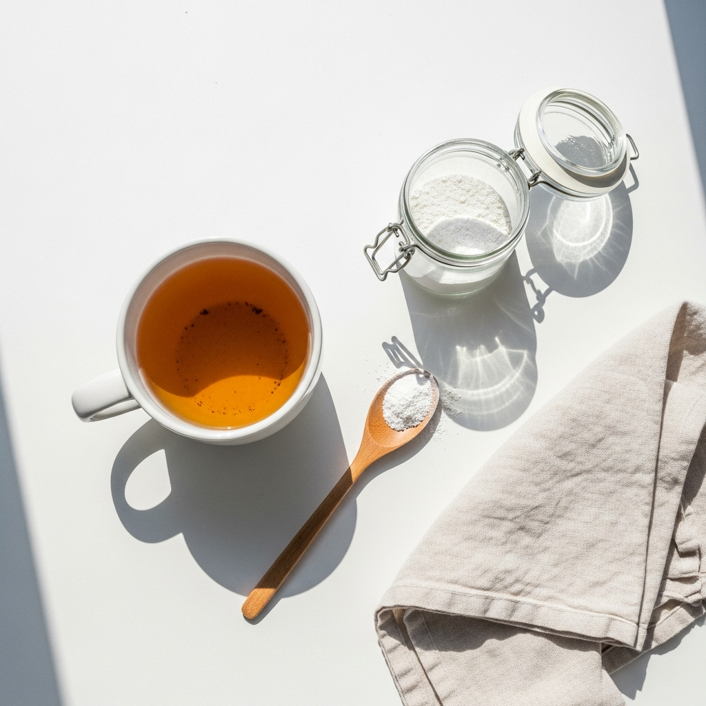 Overhead flat lay of a white ceramic mug of herbal tea, a small open glass jar of white supplement powder, a wooden spoon, and a folded cream linen cloth on a bright white kitchen surface, sunlit, airy and clean