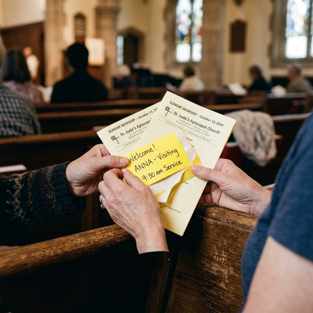 Close up of nervous hands gripping a coffee cup in a church lobby with blurry greeters in background