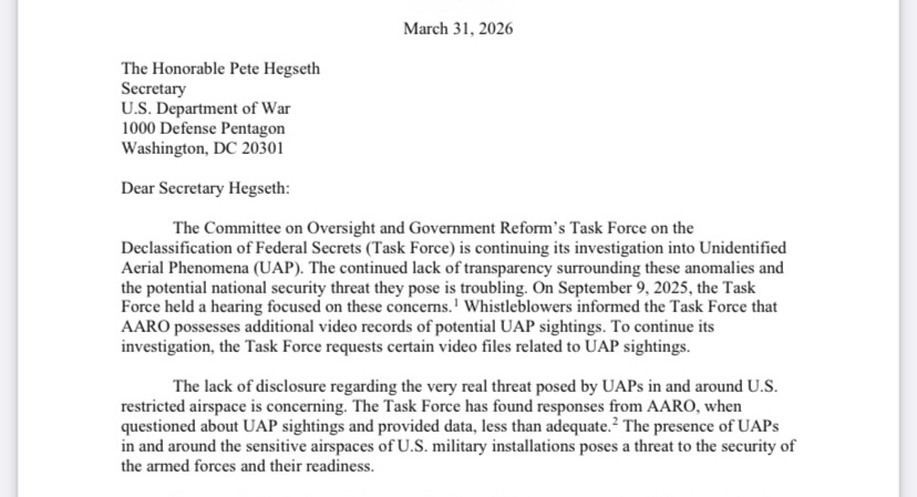 U.S. Congress article and letter: "Press Release: Luna Continues Transparency Investigation into UAPs"
