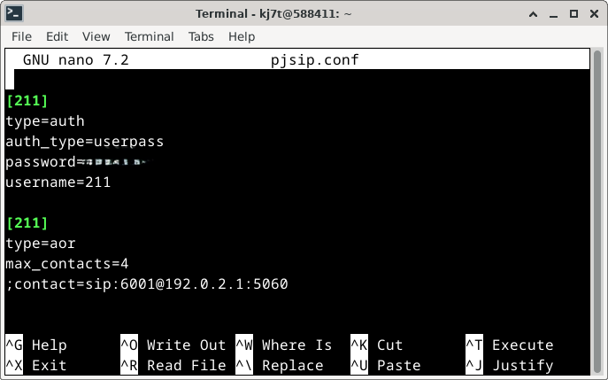 Auth settings to match (password obscured)