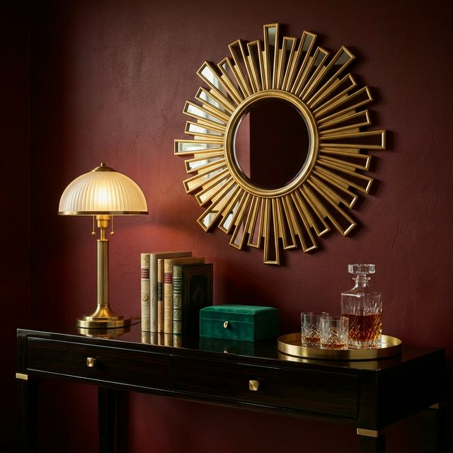 Neo Deco styled console with brass lamp and sunburst mirror