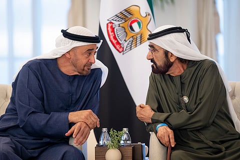 President His Highness Sheikh Mohamed bin Zayed Al Nahyan meets with His Highness Sheikh Mohamed bin Rashid Al Maktoum, UAE Vice President, Prime Minister and Ruler of Dubai.