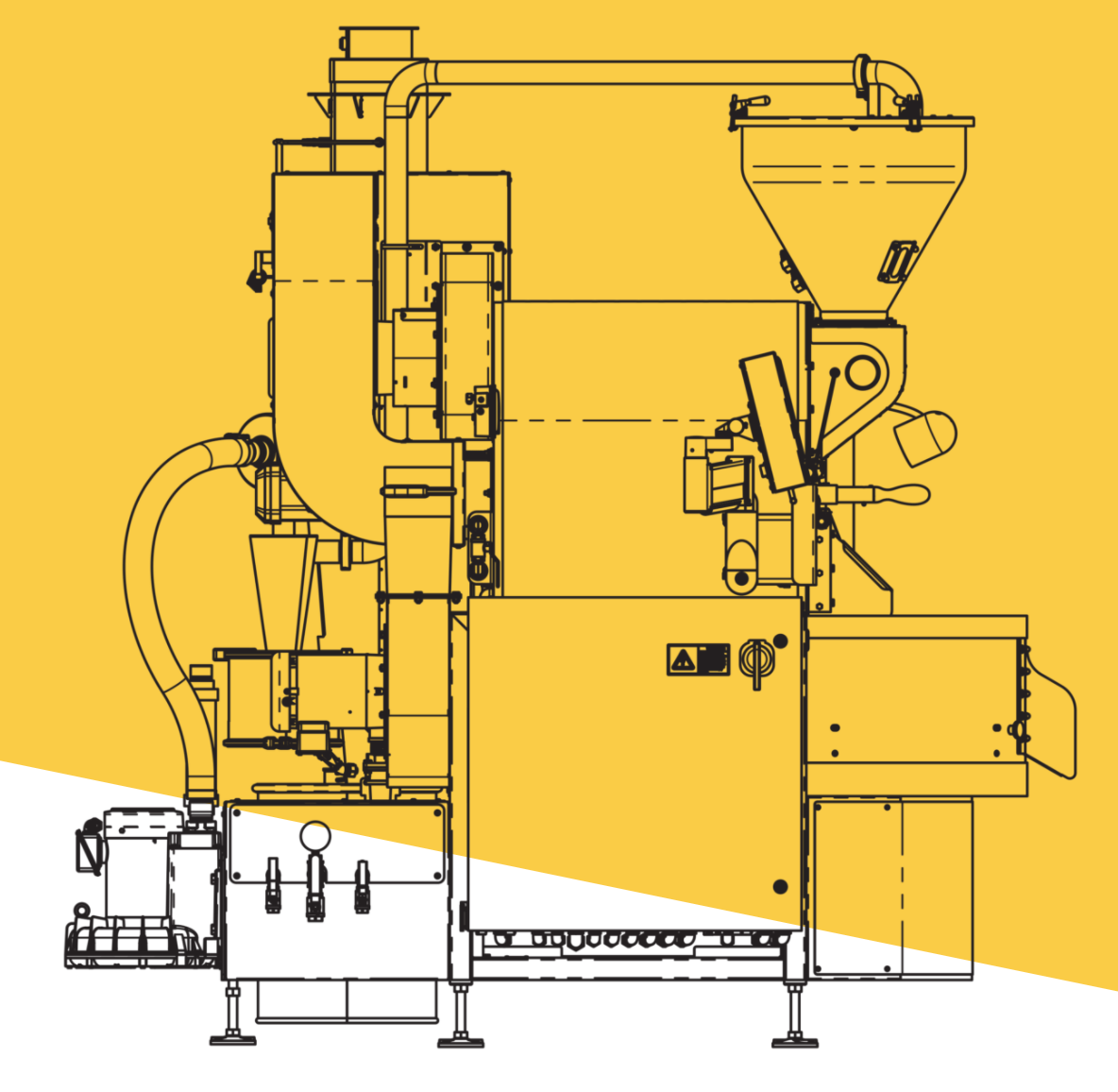 A diagram of the Loring S15 Falcon coffee roaster black pencil lines on yellow background.