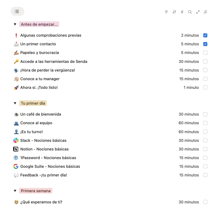 Ejemplo real de una parte del onboarding de Marc Mula en Senda