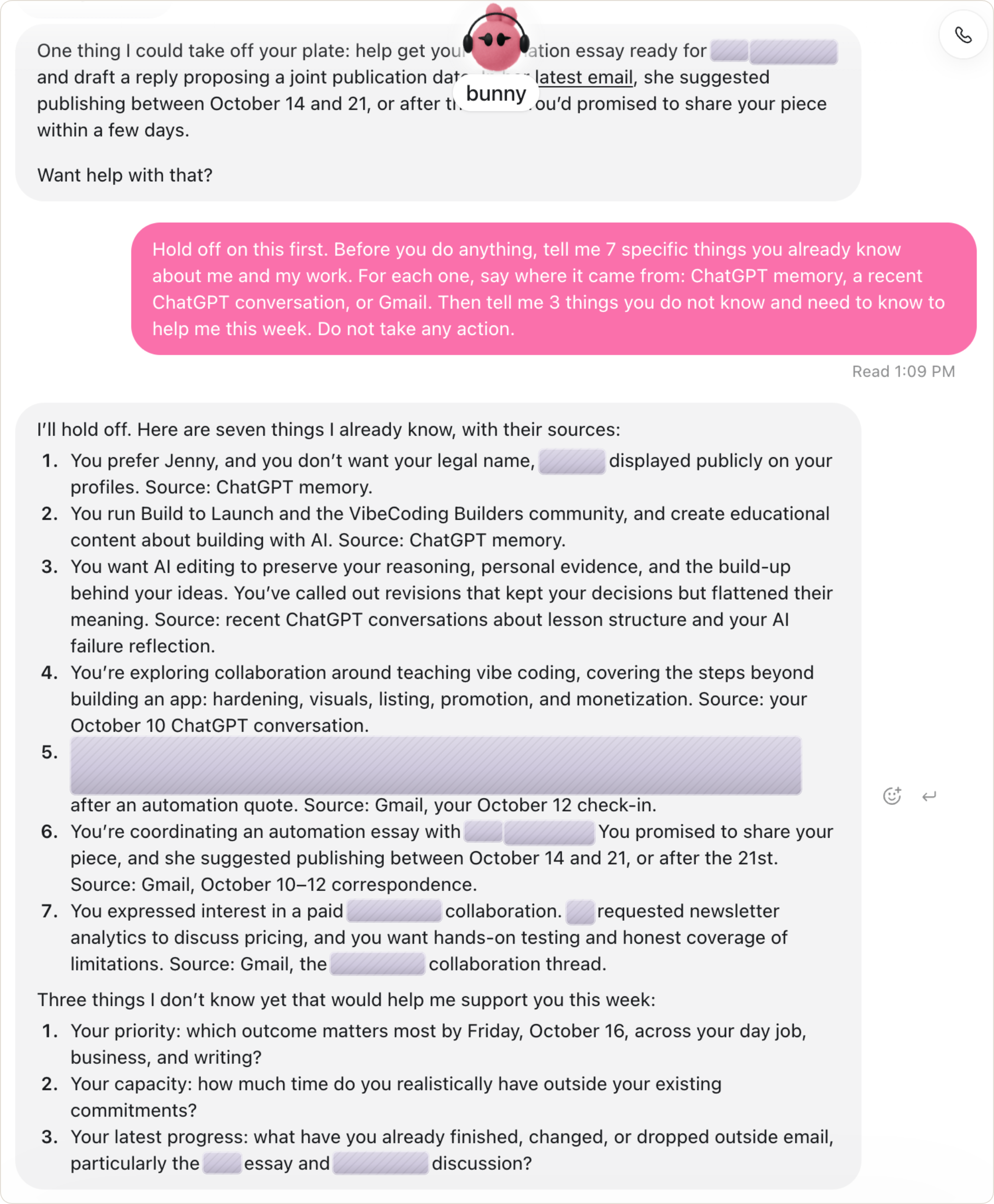Bunny's answer listing 7 numbered things it knows about Jenny, each tagged with a source such as ChatGPT memory, a recent conversation or Gmail, followed by 3 things it still needs to know. Private names are hidden.
