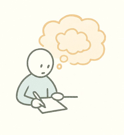 A simple illustration showing a person apparently thinking and then writing