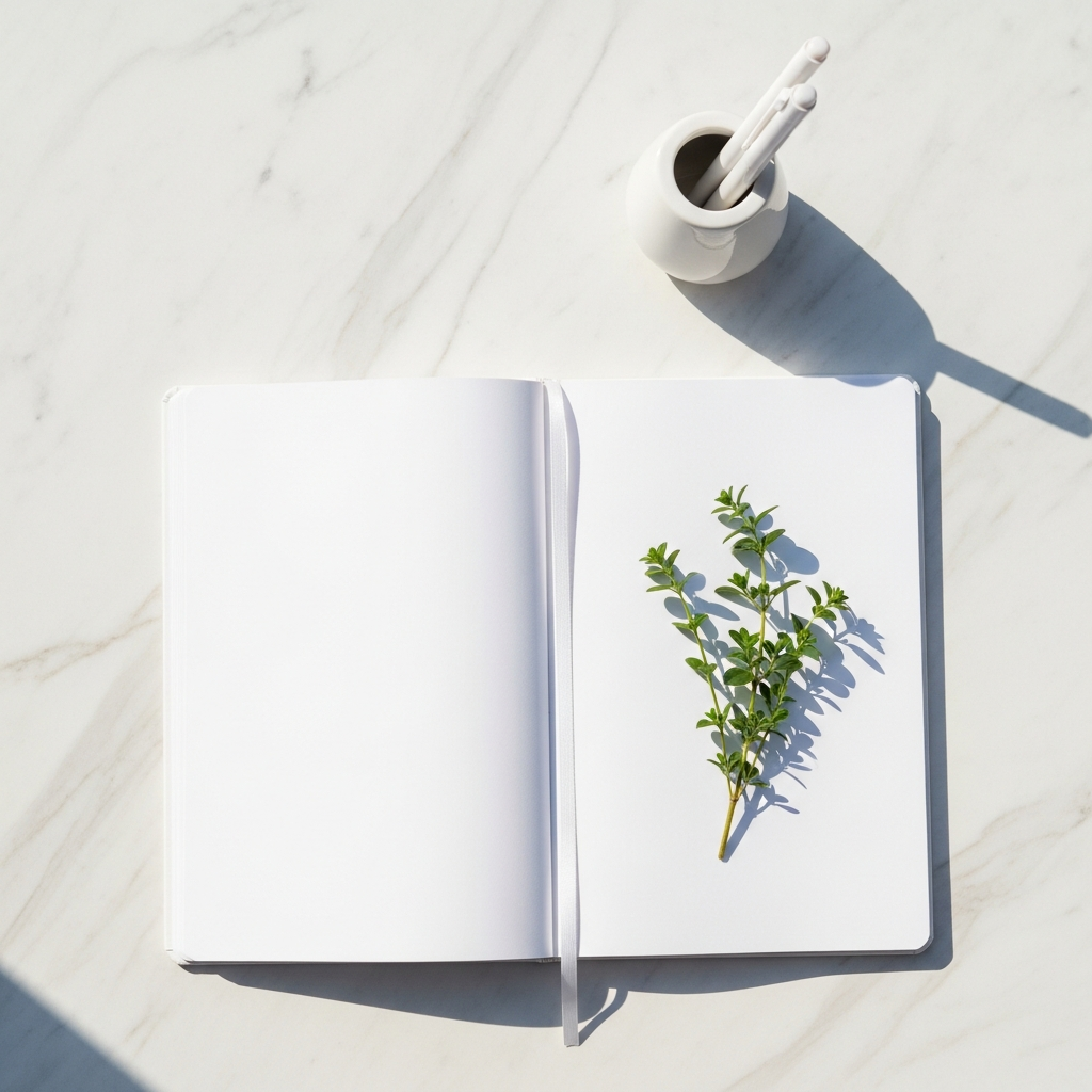 Overhead flat lay of a bright white journal open to a blank page, a single sprig of fresh green herbs beside it, a white ceramic pen holder, on a light marble surface flooded with natural daylight