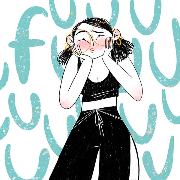 This may contain: a drawing of a woman covering her face with her hands while standing in front of a blue background