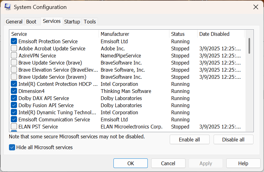 System Configuration screen, Services tab