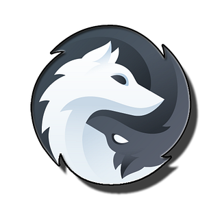 The image features a circular design containing two stylized wolves intertwined in a yin-yang formation. One wolf is white with light gray shading, facing to the right, while the other is dark gray to black, facing to the left. The contrasting colors and smooth curves create a harmonious balance, emphasizing duality and unity within the circular frame.
