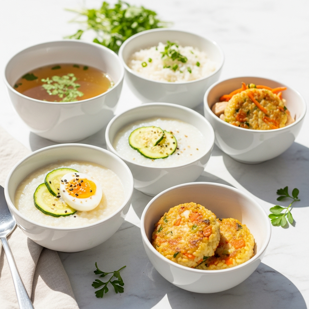 Bright photograph of five small white ceramic bowls arranged on a light marble surface, each containing a different rice preparation — broth bowl, egg and zucchini, congee, chicken and carrot, golden rice patties — bright natural daylight, white background, fresh herbs scattered around