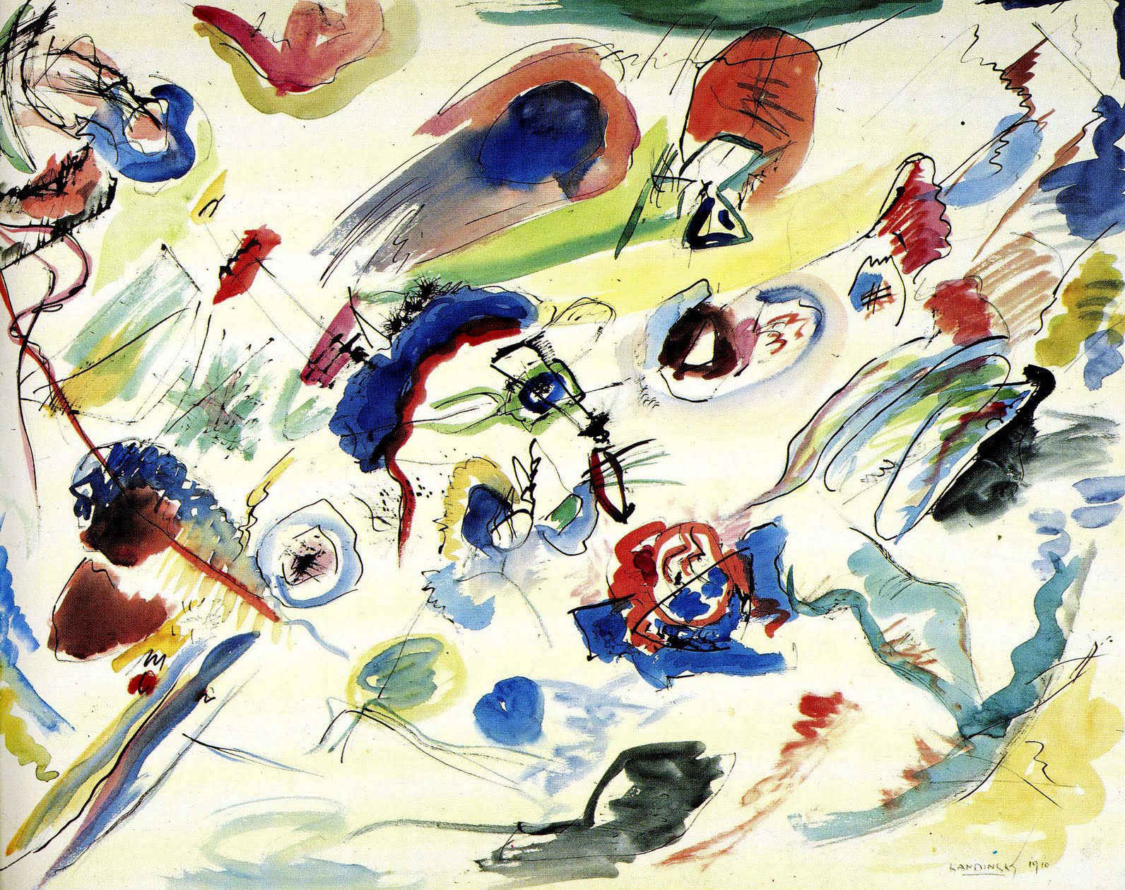 The image is an abstract painting featuring a chaotic arrangement of colorful shapes, lines, and brushstrokes scattered across a light background. Various patches of blue, red, green, yellow, and black swirl and overlap with loose, gestural black lines connecting or accentuating different parts. The composition feels dynamic and spontaneous, with no clear central figure or focal point, evoking a sense of movement and energy.