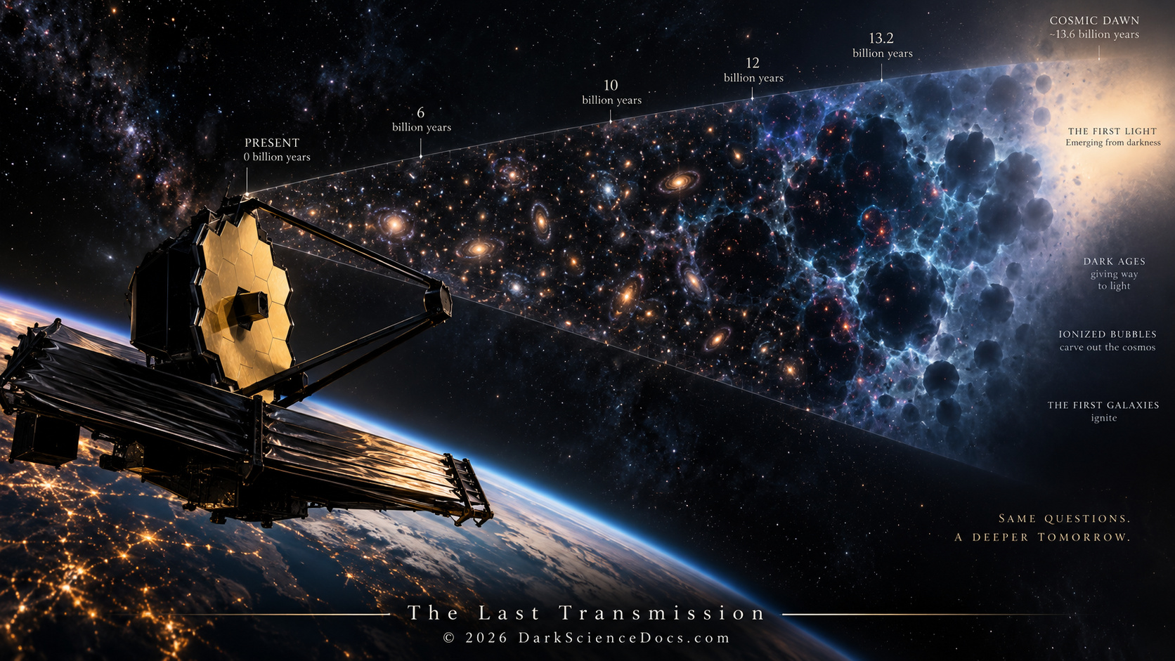Artist’s interpretation of a modern space telescope looking backward across billions of years toward the patchy first light of cosmic dawn.