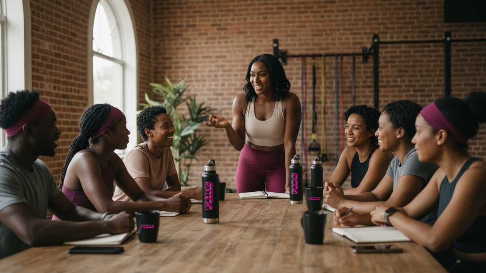 Black fitness studio leader speaking with a group of instructors gathered around a table during team training.