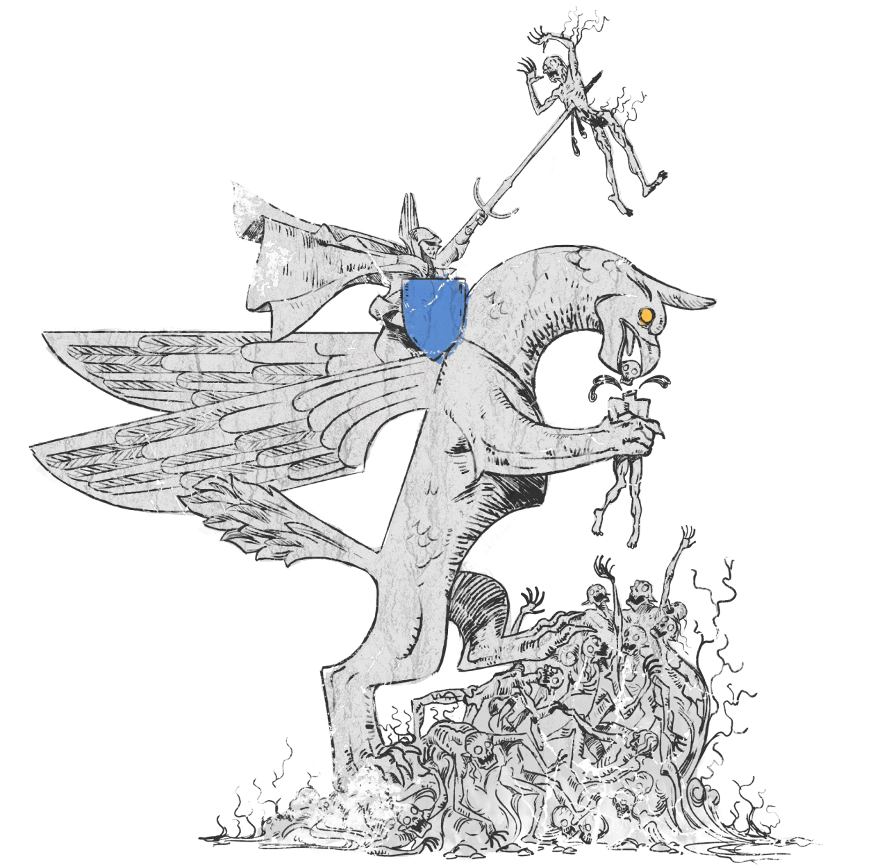An illustration of a Grey Warden atop a griffon killing darkspawn.