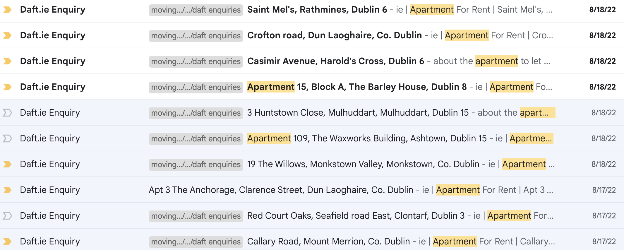 a screenshot of emails sent to enquire about places to rent. there are ten in this screenshot.