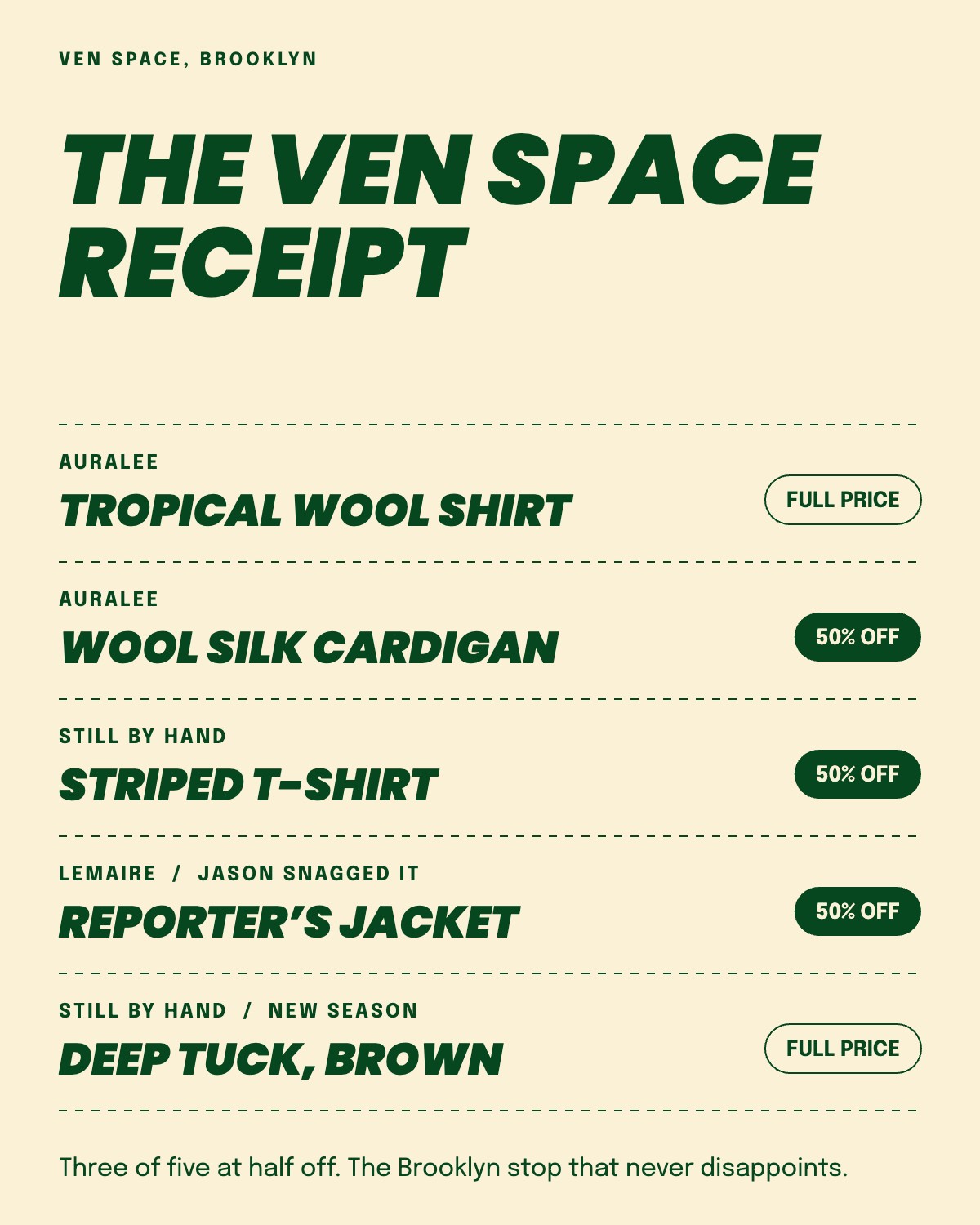 The Ven Space receipt: five pieces, three at half off