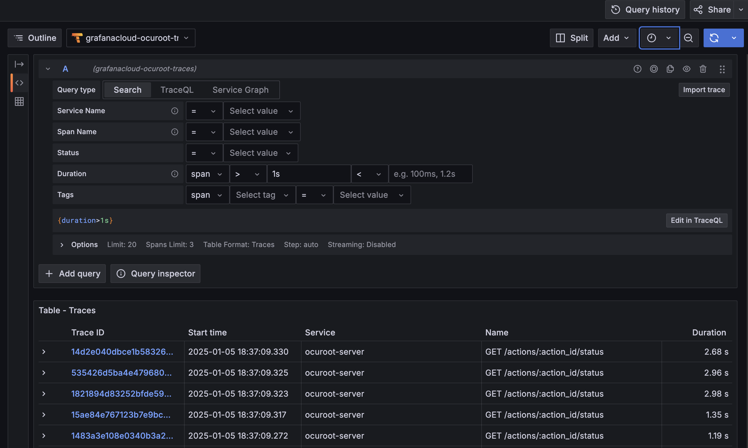 A screenshot of Grafana explore searching for spans > 1s in duration, returning multiple spans with the same name.