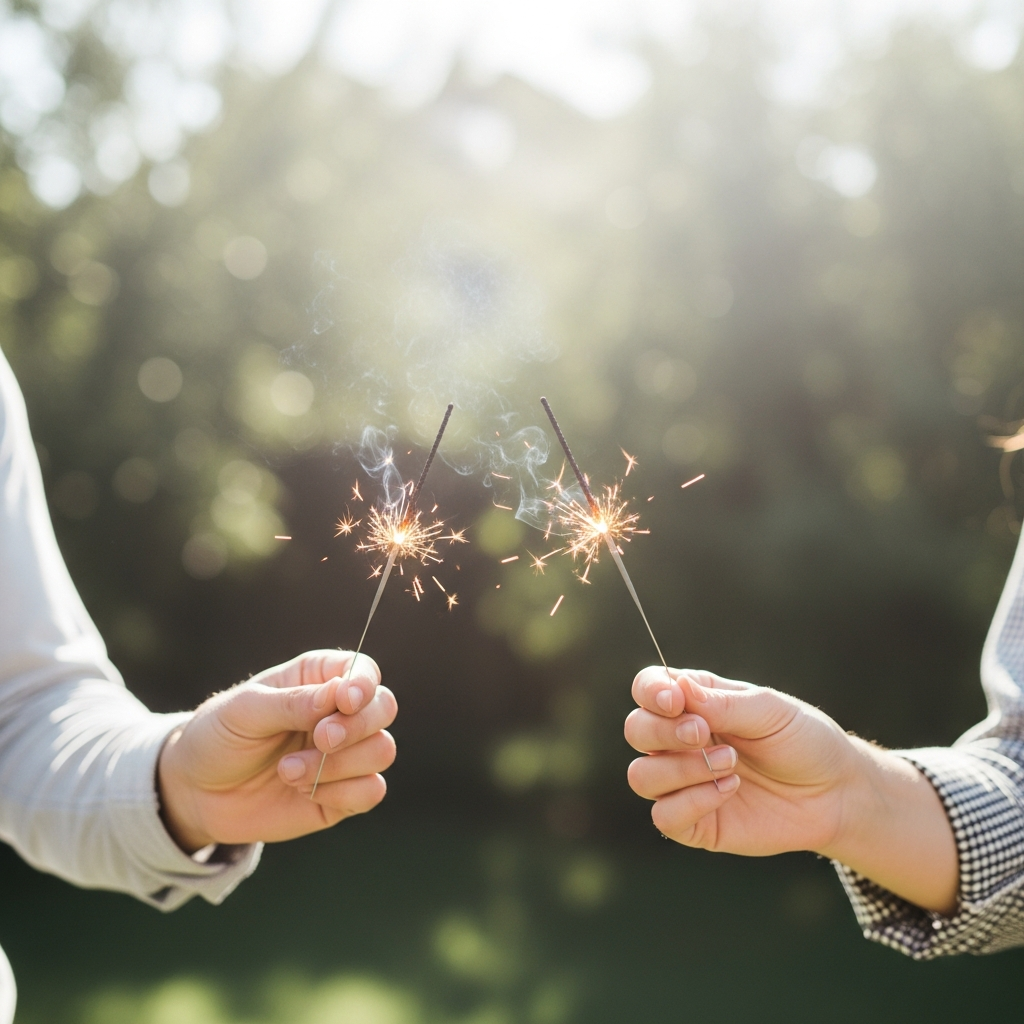 Light and airy close-up of two hands holding sparklers against a soft blurred background of a sunlit backyard, bright natural daylight, warm summer tones, no faces visible