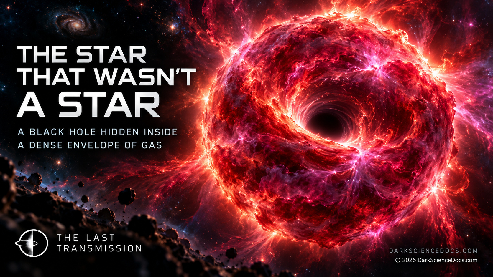 Concept artwork. A separate little red dot offers spectral evidence for light reprocessed by dense surrounding gas.