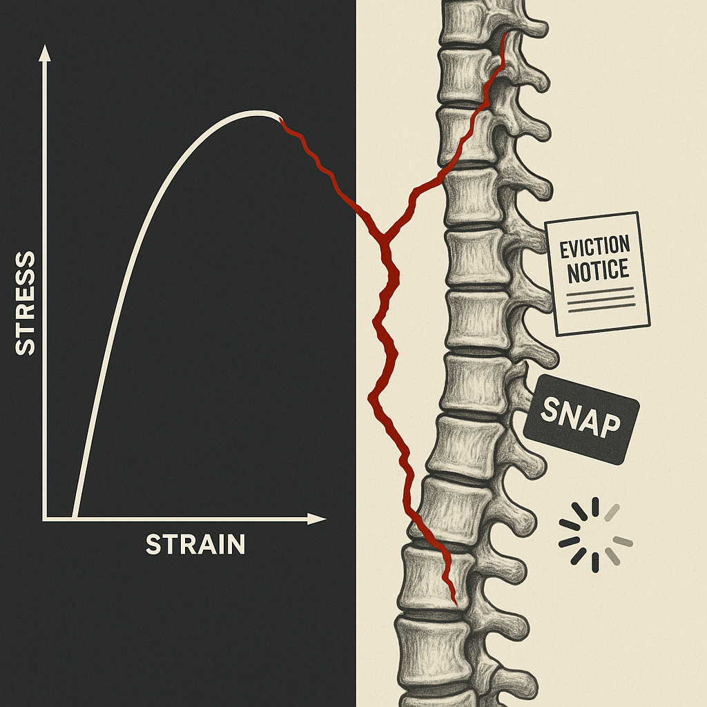 Illustration blending a stress–strain curve with a human spinal column split by a red fracture line labelled ‘Eviction Notice’ and ‘SNAP,’ showing how institutional failures burden bodies.