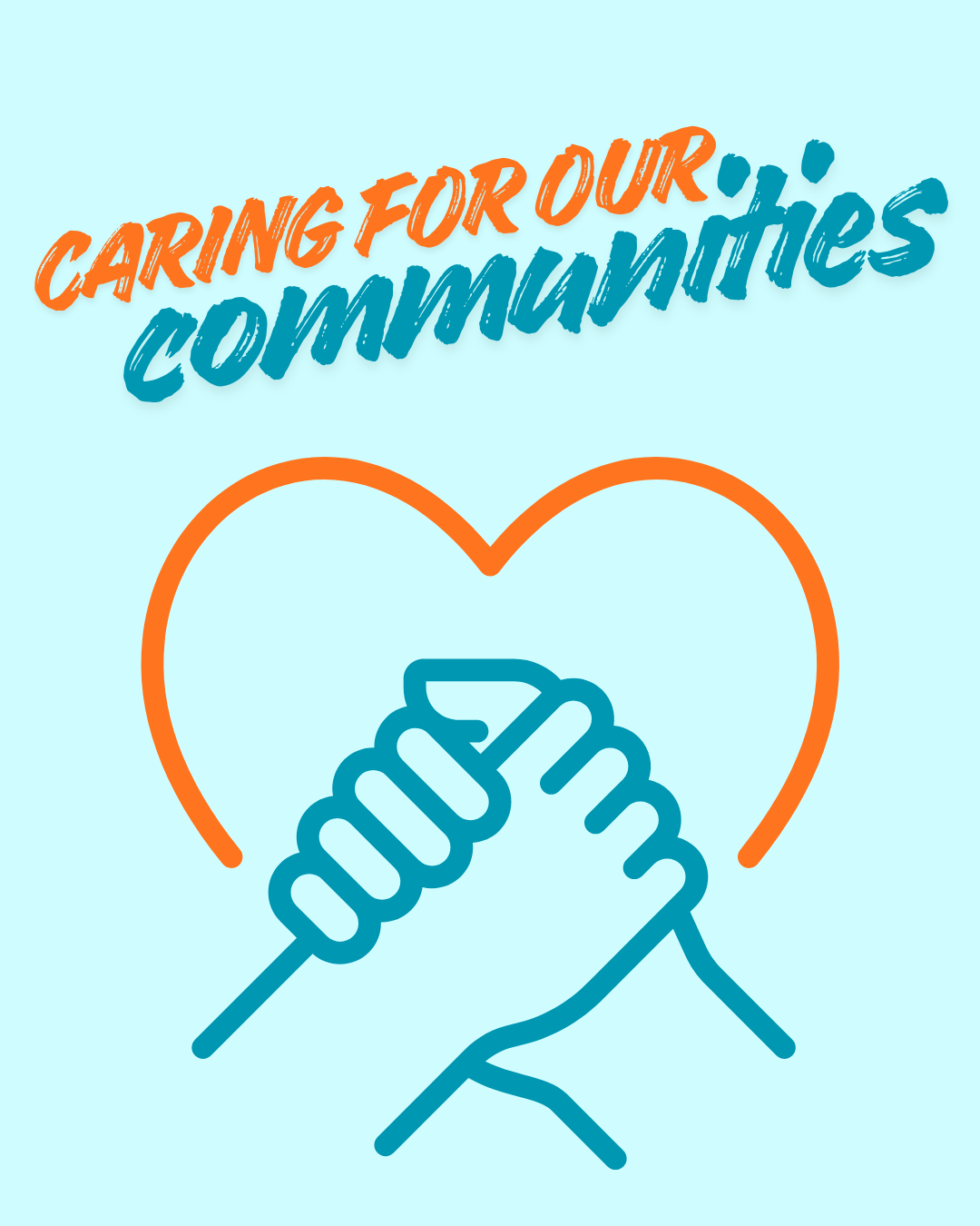 A pair of clasped hands in front of a heart shape sit beneath text that reads Caring for Our Communities