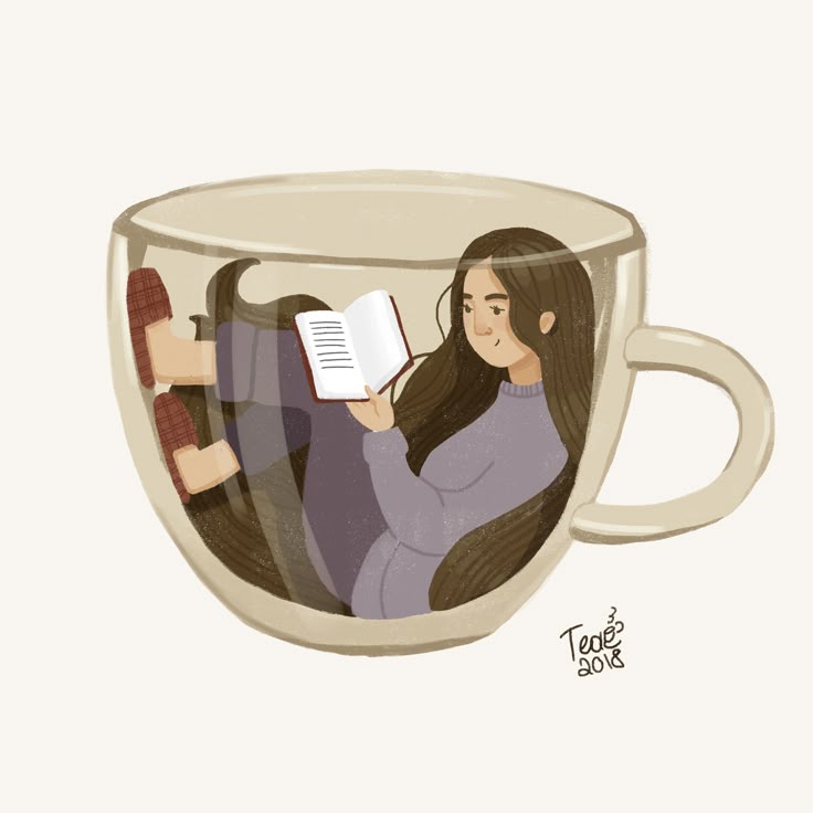 This may contain: two people are sitting in a coffee cup with a book on the inside and one is reading