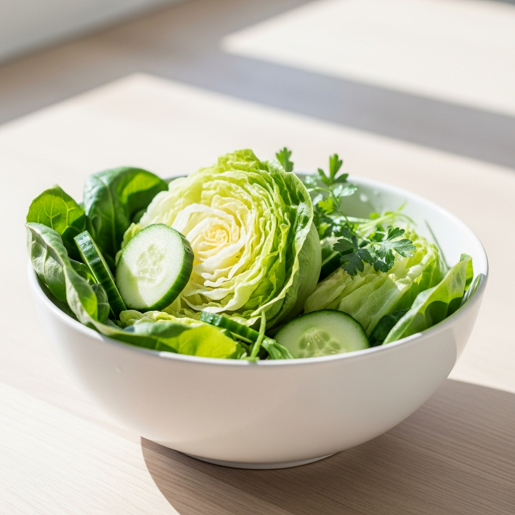 Bright photograph of a white ceramic bowl filled with washed butter lettuce, cucumber slices, and fresh herbs on a light wood surface in bright natural daylight