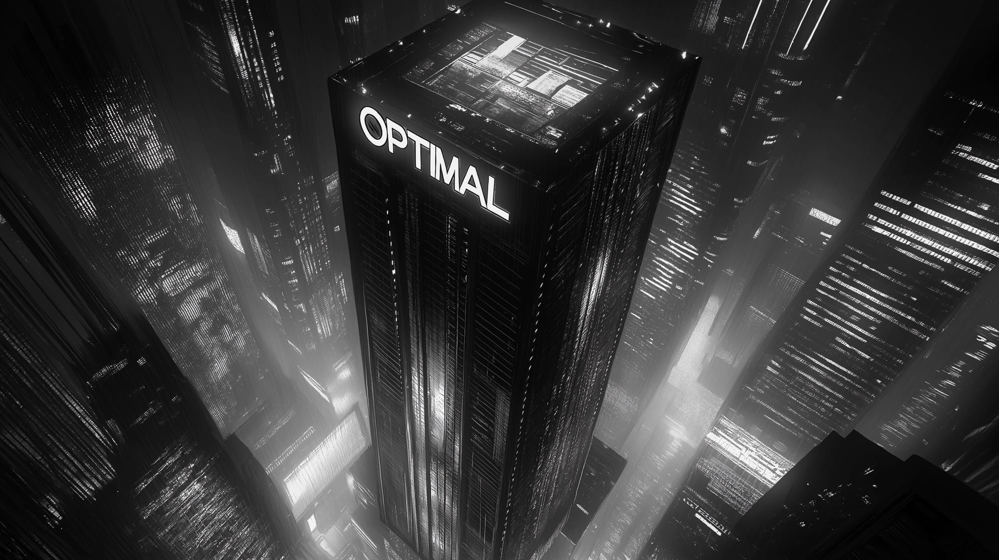 "Black and white pointillism of a giant skyscraper with "OPTIMAL" written at the top."