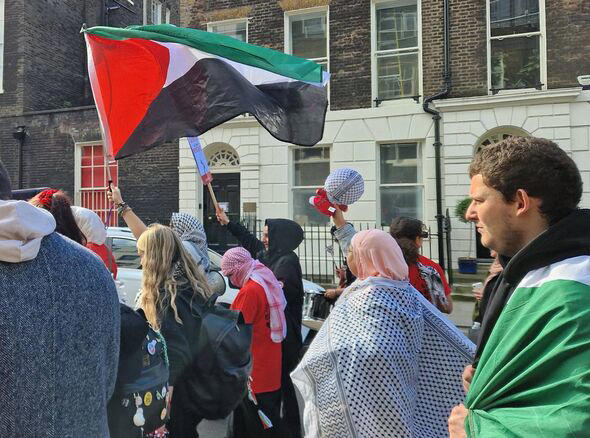 Protesters waving Palestine flags march. Protesters waving Palestine flags march.