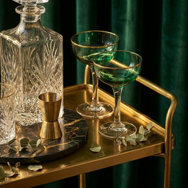Close-up of Art Deco barware: crystal decanter, emerald cocktail glasses with gold rims, brass jigger on dark marble