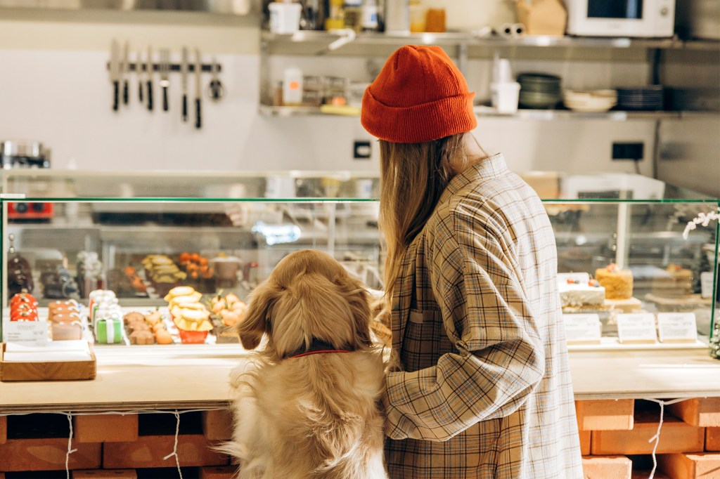 A young person in an orange beanie and a golden retriever look at pastries in a display case.