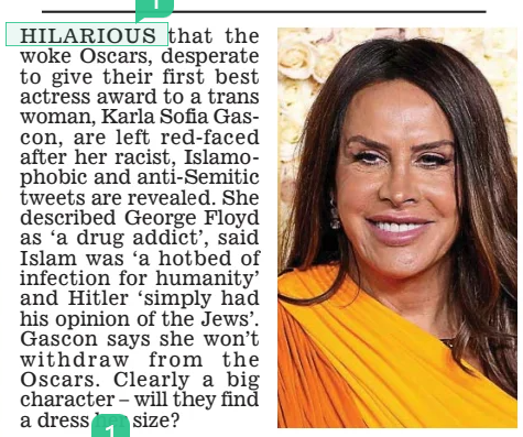 HILARIOUS Daily Mail8 Feb 2025 that the woke Oscars, desperate to give their first best actress award to a trans woman, Karla Sofia Gascon, are left red-faced after her racist, Islamophobic and anti-Semitic tweets are revealed. She described George Floyd as ‘a drug addict’, said Islam was ‘a hotbed of infection for humanity’ and Hitler ‘simply had his opinion of the Jews’. Gascon says she won’t withdraw from the Oscars. Clearly a big character – will they find a dress her size? Article Name:HILARIOUS Publication:Daily Mail Start Page:21 End Page:21
