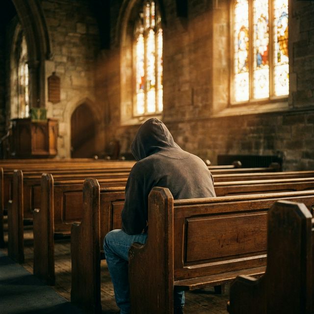 A person in a hoodie sitting alone in a church pew, warm golden light streaming through stained glass windows, cinematic documentary style