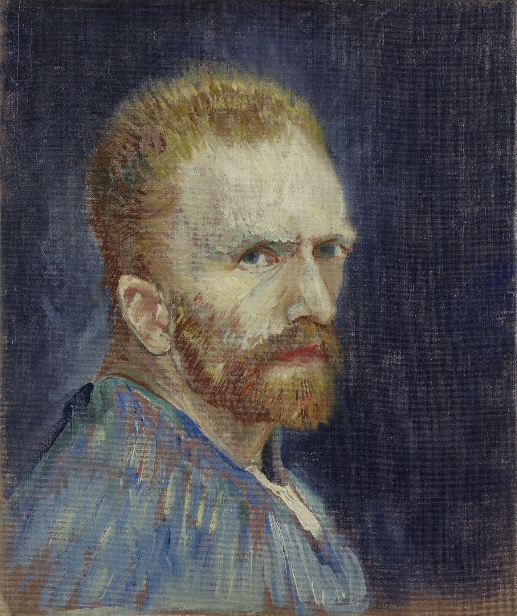 Van Gogh self-portrait with red beard and blue jacket against a dark background