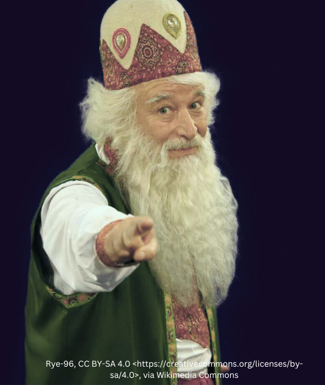 Man dressed as Amo Nowruz with white beard and patterned hat