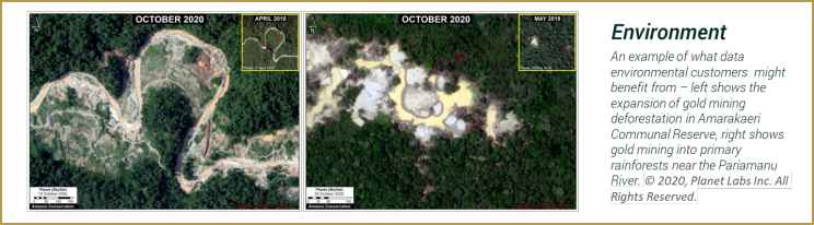 Environmental verification application pipeline mapping deforestation and ecological retreat.