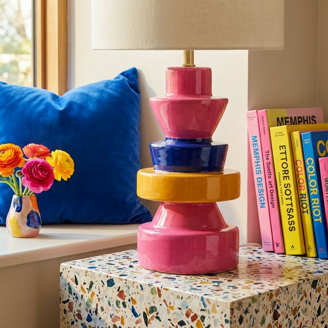 Close-up of Memphis-inspired home decor: a sculptural tiered ceramic lamp in hot pink, cobalt, and marigold on a terrazzo surface, with cobalt velvet cushion, bright ranunculus flowers, and colorful design books