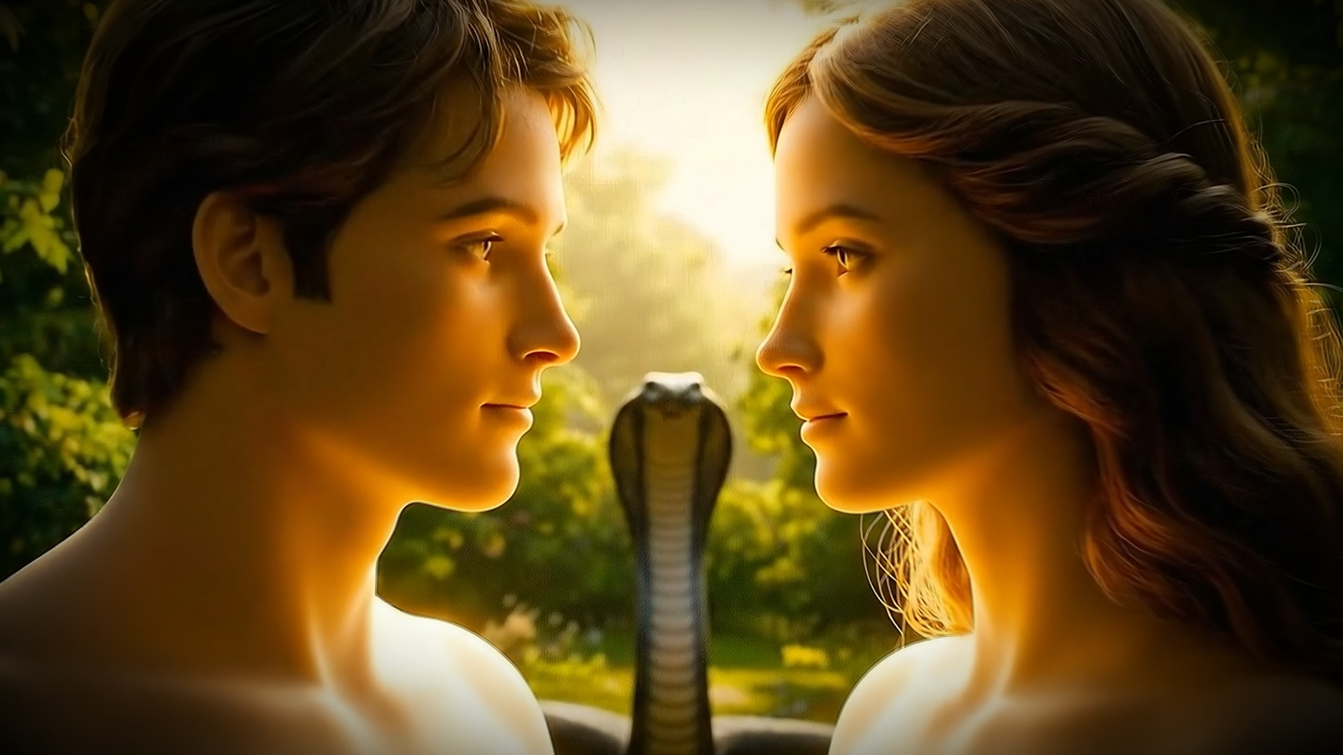 Cinematic depiction of Adam and Eve facing each other in the Garden of Eden, with the serpent rising between them in the background under warm golden light.