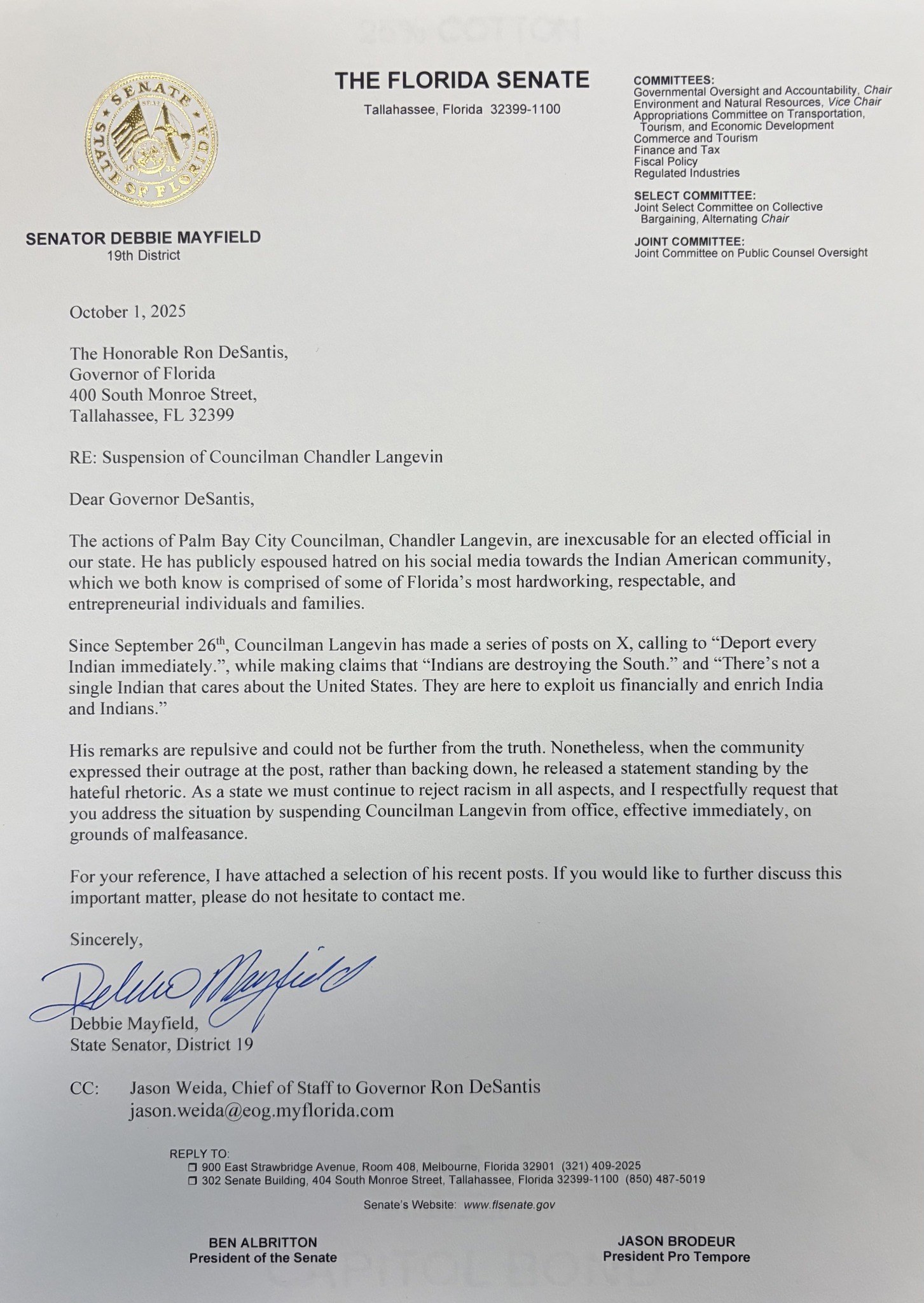 A signed letter from Florida Senator Debbie Mayfield to Governor Ron DeSantis, dated October 1, 2025, urging the suspension of Palm Bay Councilman Chandler Langevin for anti-Indian remarks.